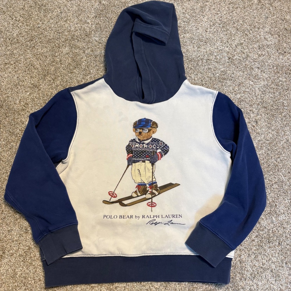 Polo Ralph Lauren Bear Hoodie Boys‎ Medium White Navy Skiing Bear Sweatshirt